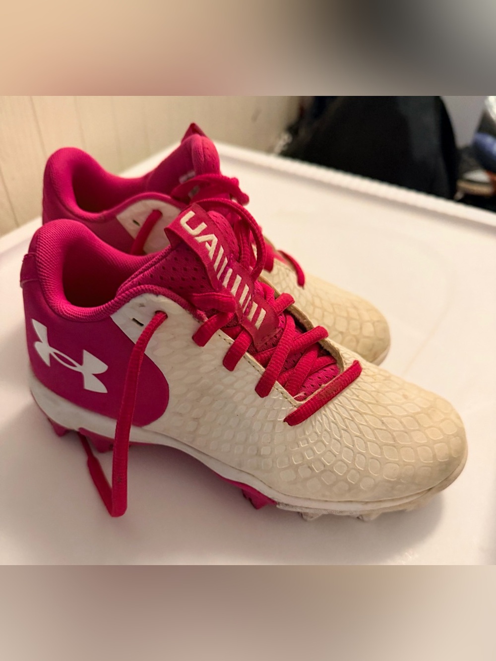 Under Armour Kids Cream and Pink Soccer Cleats